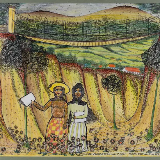 Ivan Hill - mounted ink and pencil "Katherine Mansfield and Maata Mahapuku Walk in Hobson Street Gully" H-280 W-380