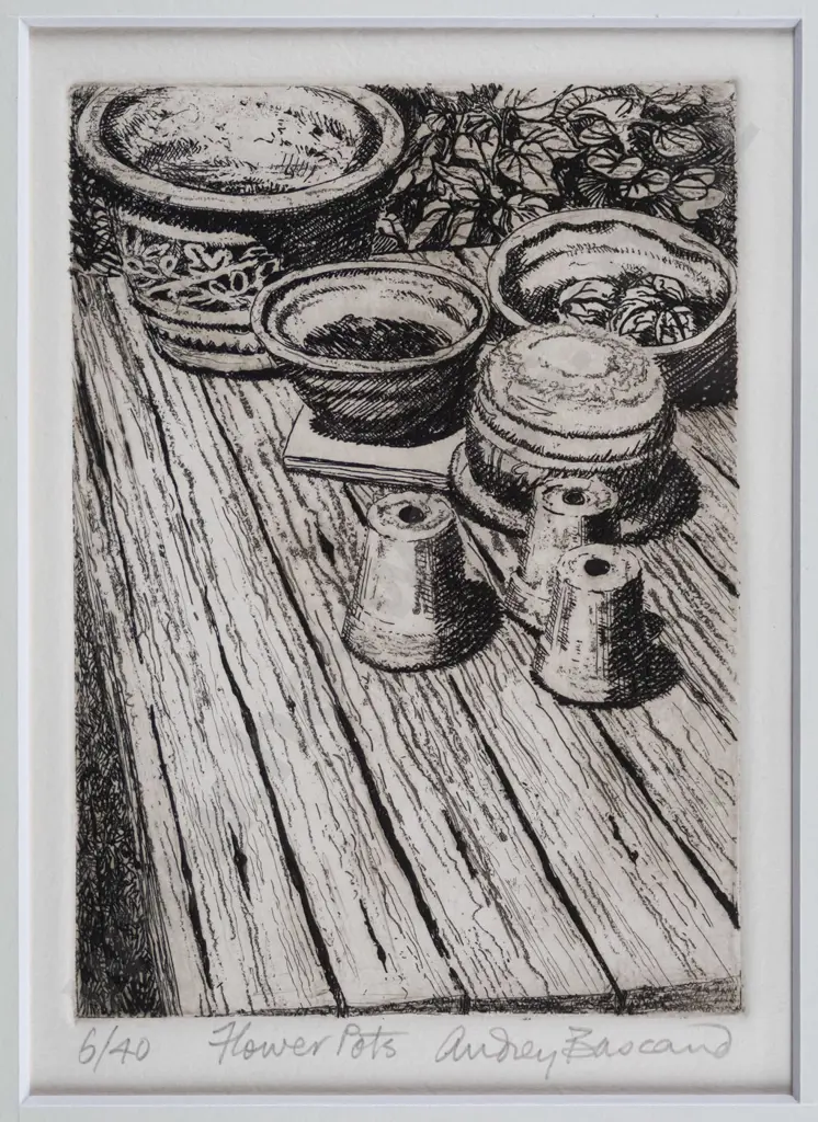 Audrey Bascand - framed ltd edition print 6/40 "Flower Pots" H-140 W-100 Image 1++