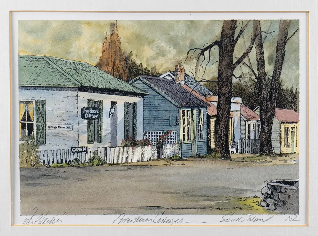 Peter Leitch - framed hand coloured print - "Autumn Cottages Arrowtown" H-145 W-220 Image 1++