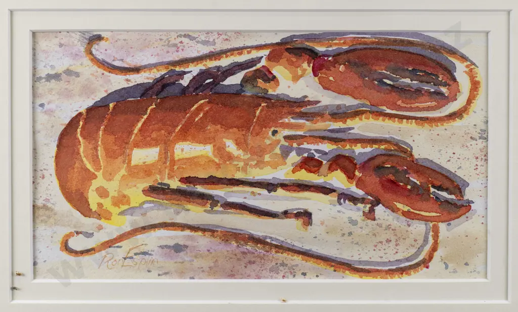 Ron Esplin - framed watercolour - crayfish H-120 W-220 Image 1++