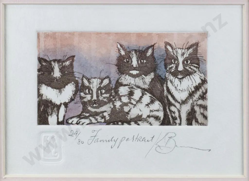 Karen Burrows 2008 - framed ltd edtion coloured etching 24/80 "Family portrait" H-70 W-120 Image 1++
