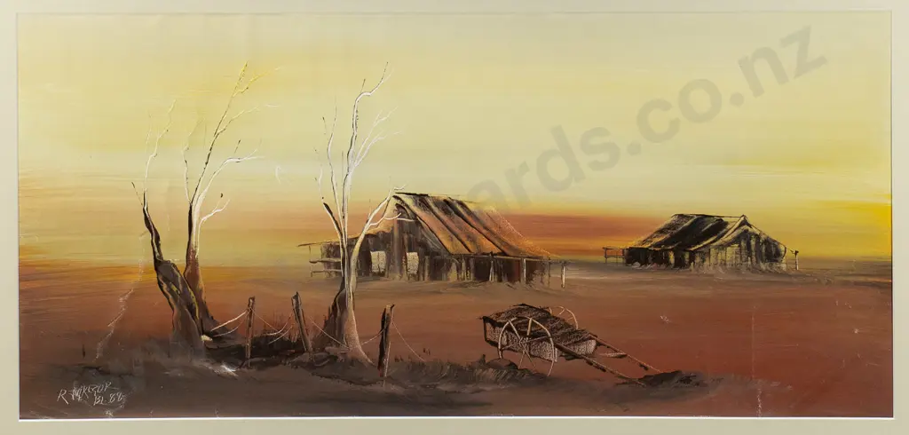 RJ Gregor '89 - framed oil - Outback buildings (slight creasing to canvas)  H-330 W-720 Image 1++