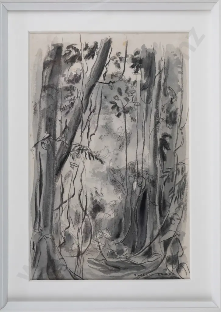 Russell Clark (Official War Artist for NZ WWII) - framed pencil - jungle scene H-180 W-120 Image 1++