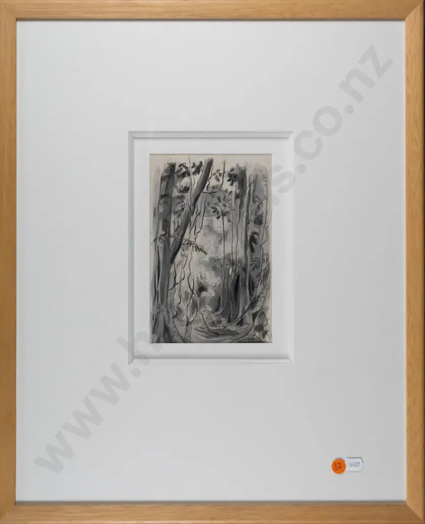 Russell Clark (Official War Artist for NZ WWII) - framed pencil - jungle scene H-180 W-120 Image 1++