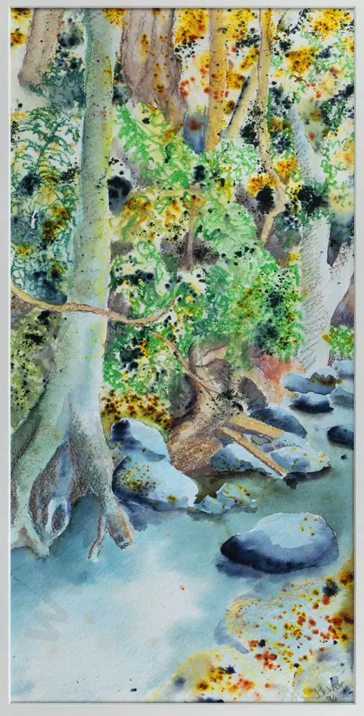 JK Weir - framed mixed media - tree and stream scene H-390 W-190 Image 1++