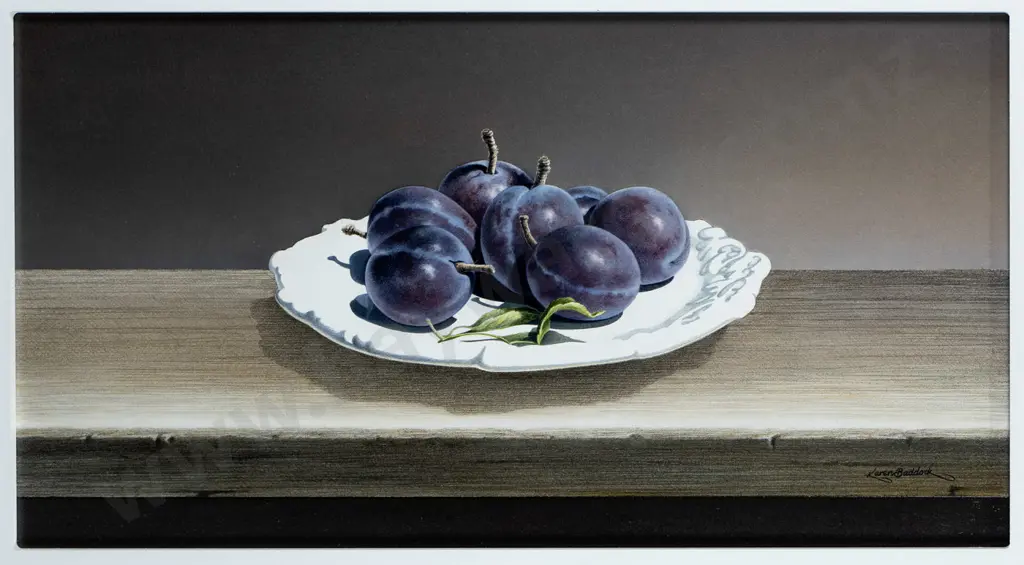 Karen Baddock - framed oil - still life plums H-270 W-500 Image 1++