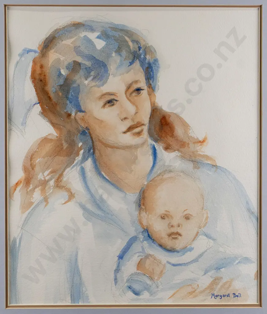 Margret Bell - framed watercolour "Elsa & Baby" H-360 W-310 Image 1++