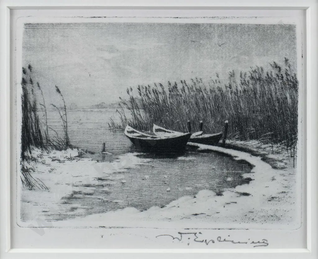 illegible signature - framed etching - boats H-90 W-120 Image 1++