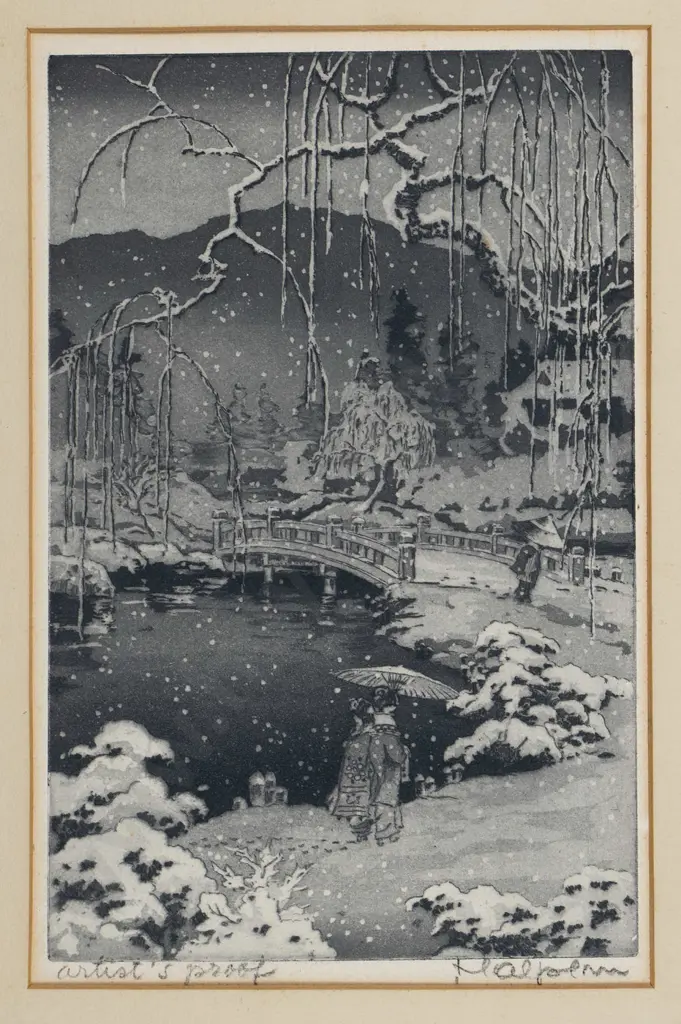 unknown artist crica 1920's  - mounted artist's proof print - 2 geishas in the snow- H-260 W-170 Image 1++