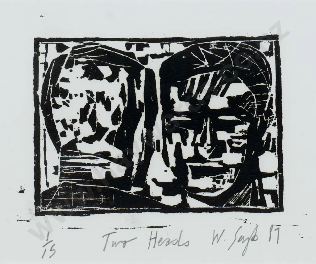 Wayne Seyb 1987 -mounted woodcut 1/15 "Two heads" H-110 W-140 Image 1++