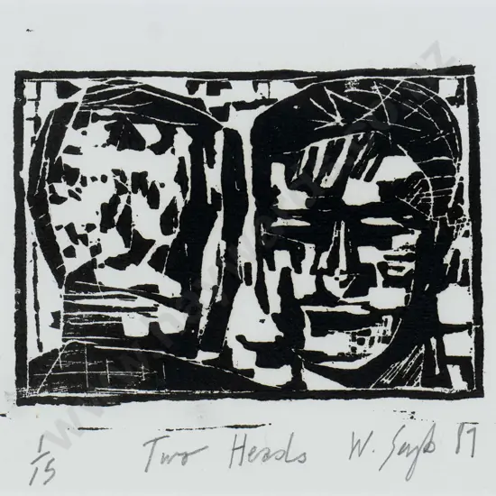 Wayne Seyb 1987 -mounted woodcut 1/15 "Two heads" H-110 W-140