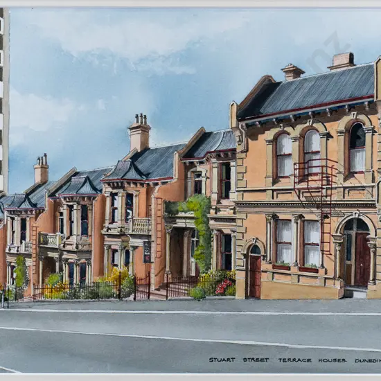 D Ross Hunter '98 - mounted watercolour "Stuart Street Terrace Houses" H-230 W-360