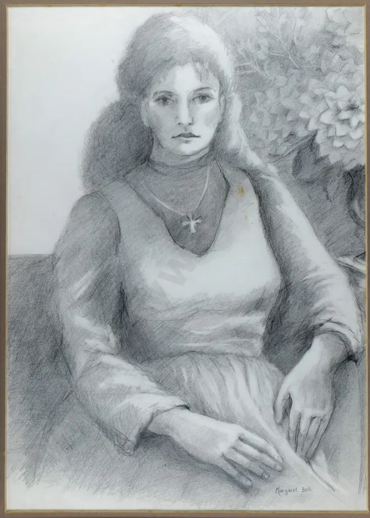 Margaret Bell - framed pencil - portrait- slight foxing H-390 W-280 Image 1++