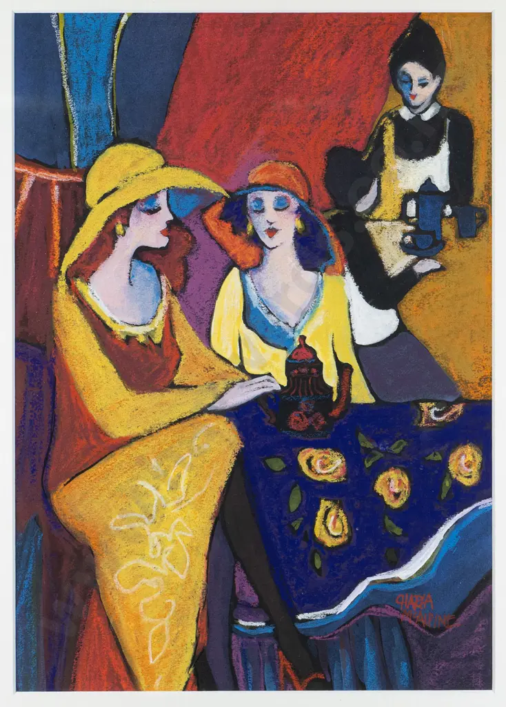 Chiara? McAlpine - framed mixed media - ladies at table H-350 W-250 Image 1++