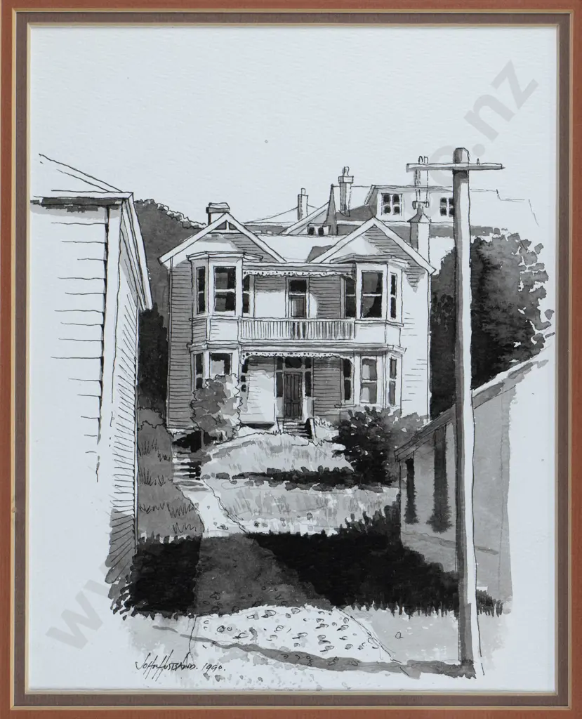 John Husband 1990 - framed ink and watercolour  "George Street Dunedin H-235 W-190 Image 1++