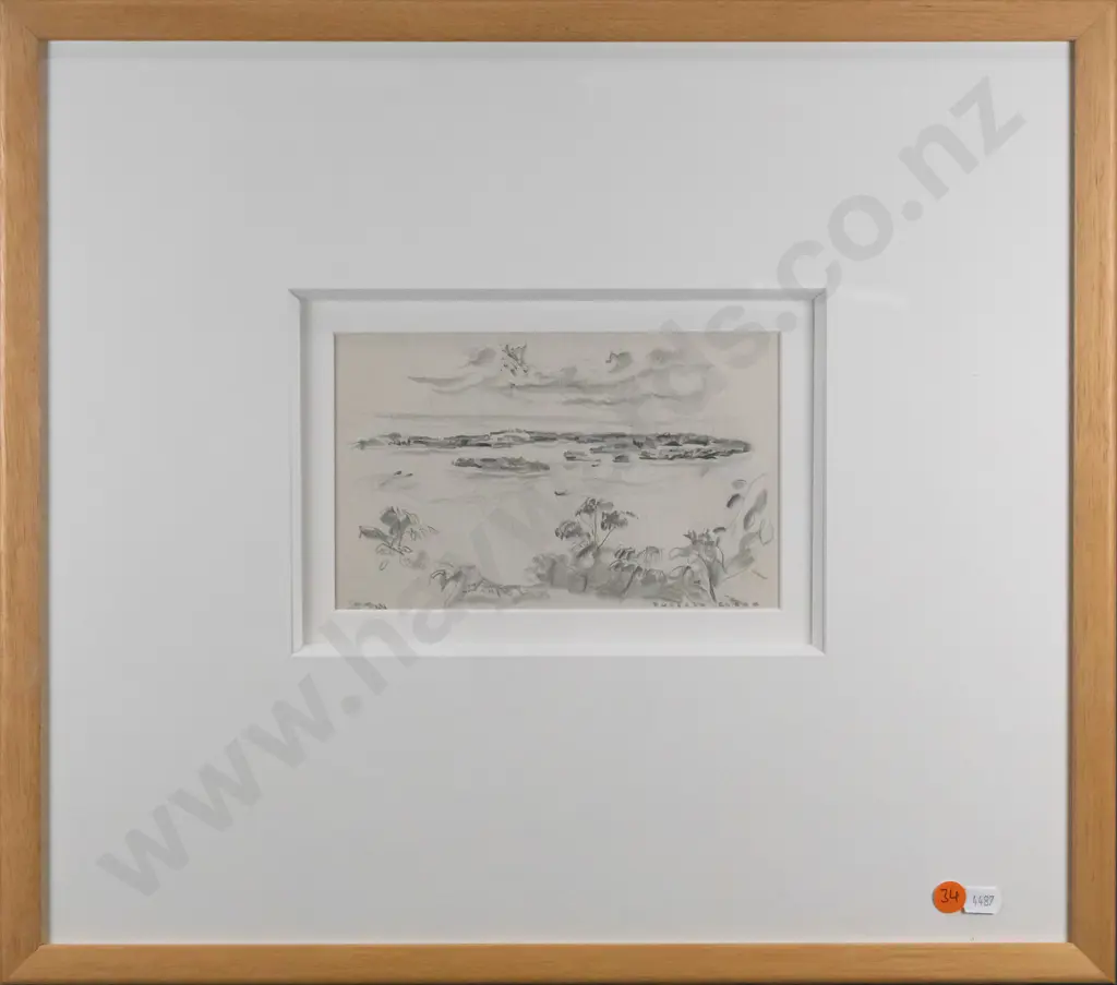 Russell Clark 1944 (Official War Artist for NZ WWII)- framed pencil - island scene H-120 W-190 Image 1++