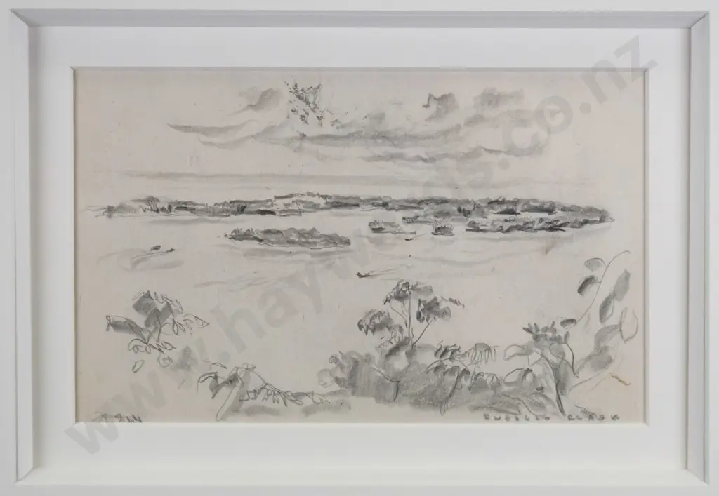Russell Clark 1944 (Official War Artist for NZ WWII)- framed pencil - island scene H-120 W-190 Image 1++