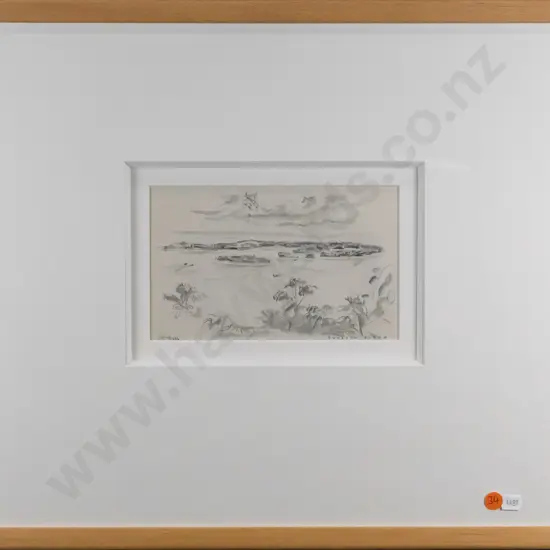 Russell Clark 1944 (Official War Artist for NZ WWII)- framed pencil - island scene H-120 W-190