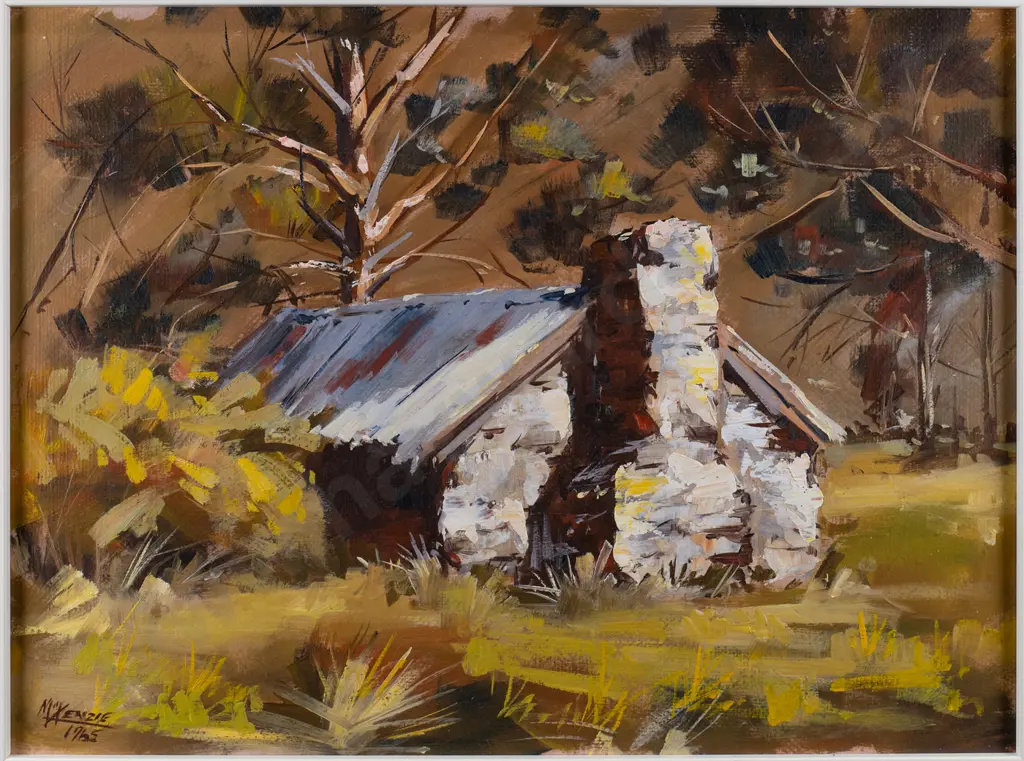 McKenzie 1965 - framed oil " Stone Hut - Afternoon Sun, Central Otago" H-290 W-390 Image 1++