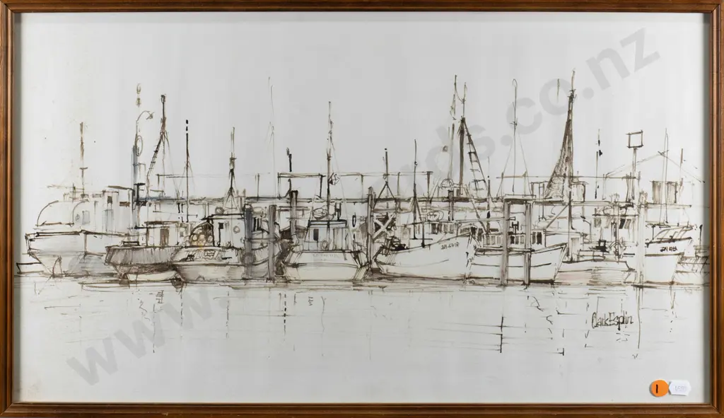 Clark Esplin - framed watercolour - "Boats in Harbour" slight foxing H-320  W-580 Image 1++