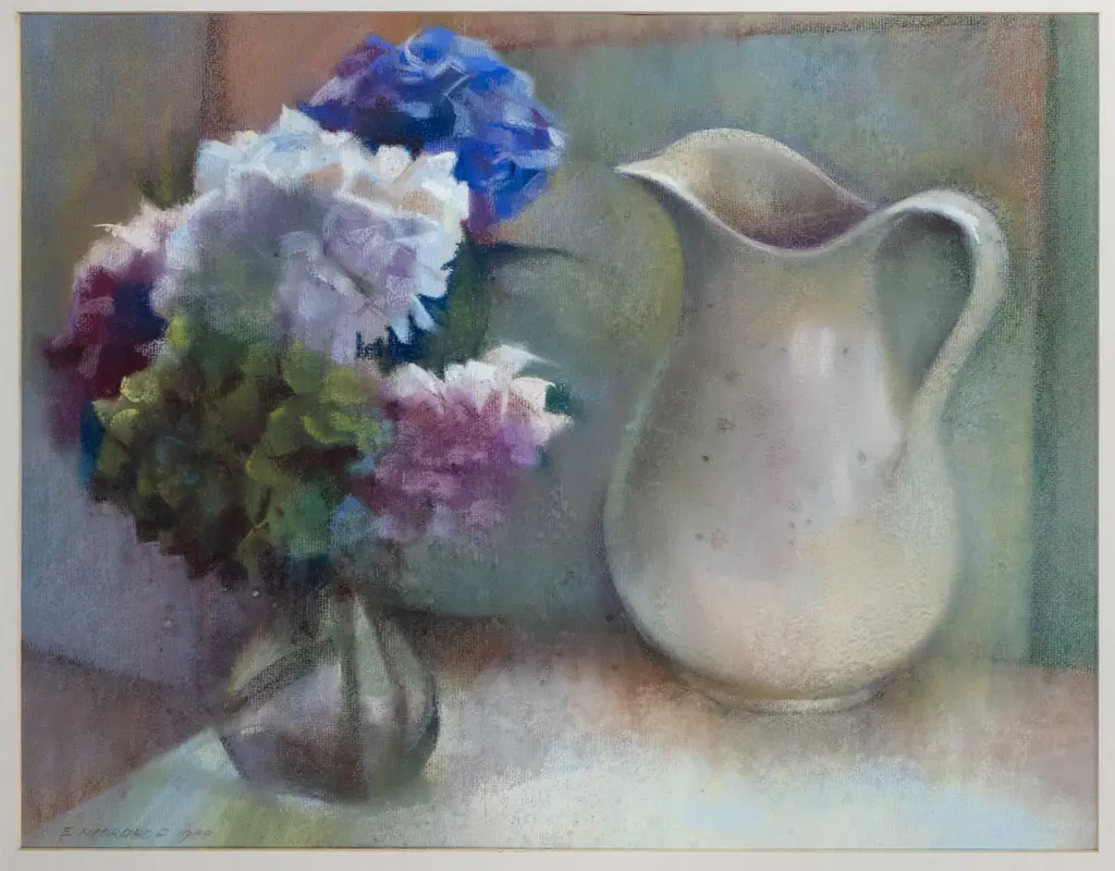 Els  Noordhof 1988 - framed pastel - Hydrangea & Jug - some foxing, H-430 W-540 Image 1++