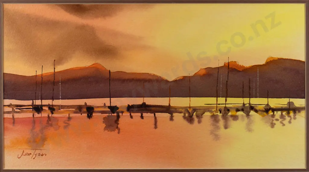 June Tyson - framed watercolour "Lyttleton Harbour" H-200 W-370 Image 1++