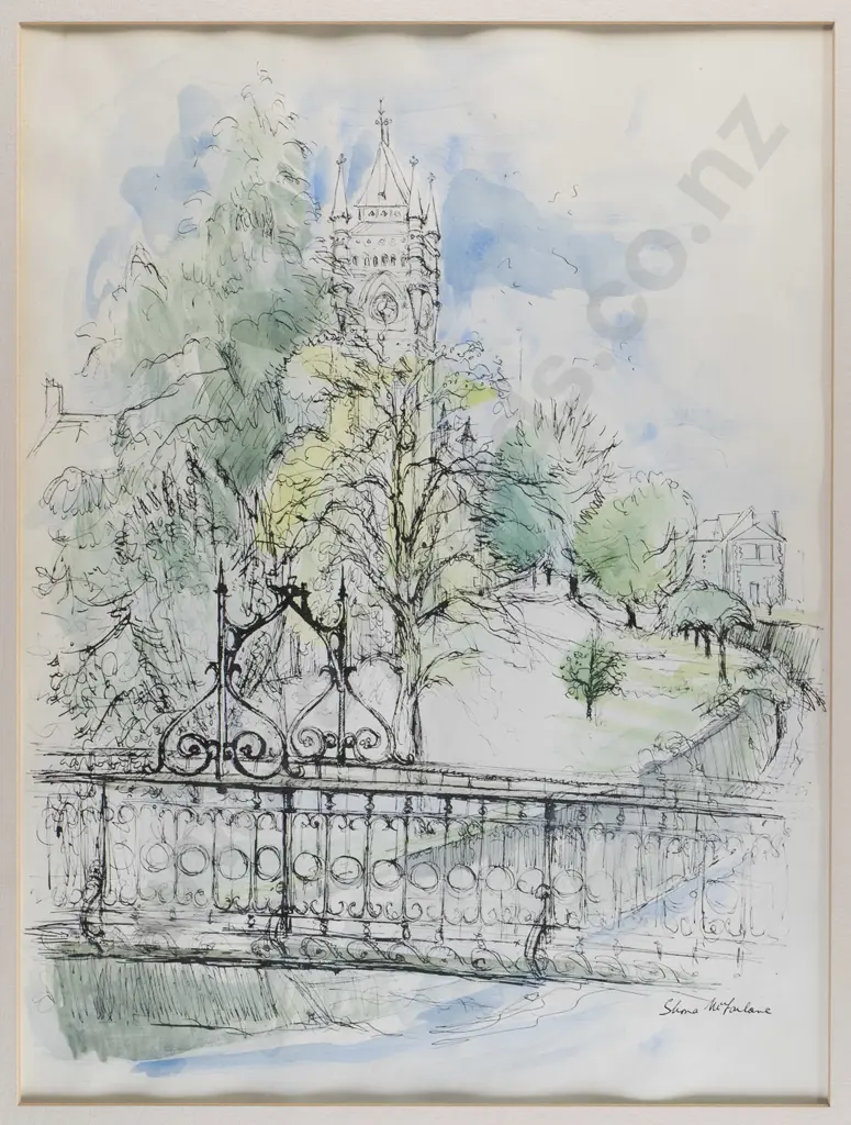 Shona McFarlane - framed ink & watercolour - university clock tower - H-400 W-300 Image 1++
