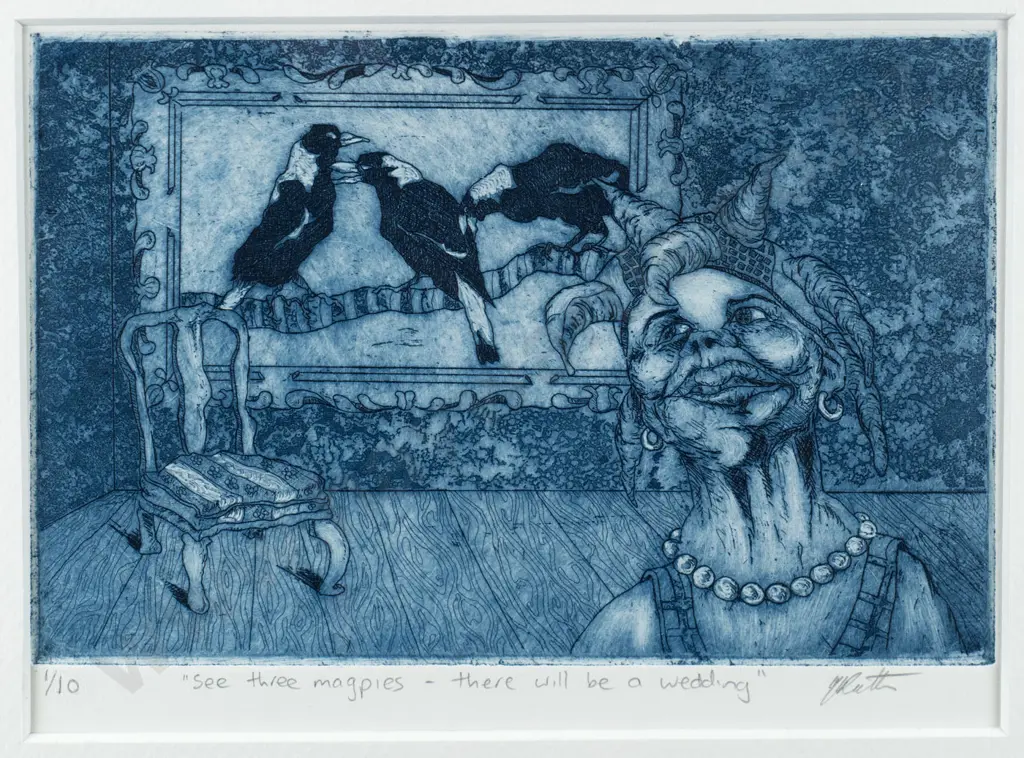 illegible signature - framed etching 1/10 "See three magpies - there will be a wedding" H-110 W-175 Image 1++