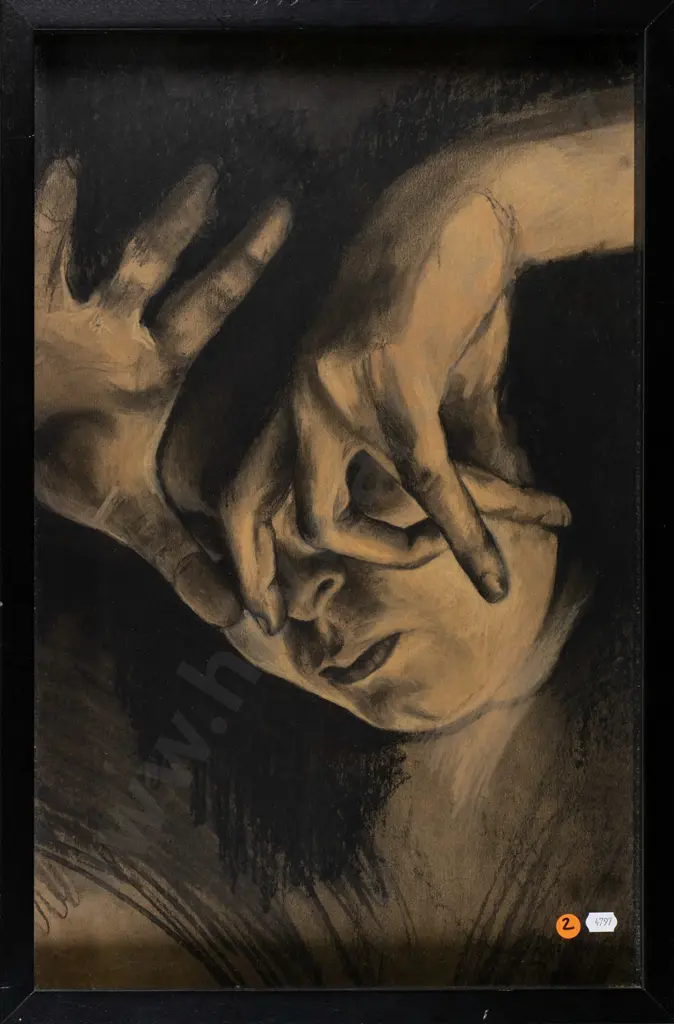 J Robertson '10 -framed mixed media - portrait with hands H-550 W-350 Image 1++