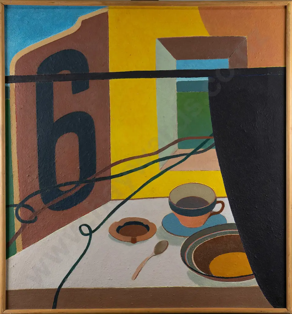 Eion Stevens 1981 - framed oil on canvas "The Interrupted dinner" H-530 W-500 Image 1++