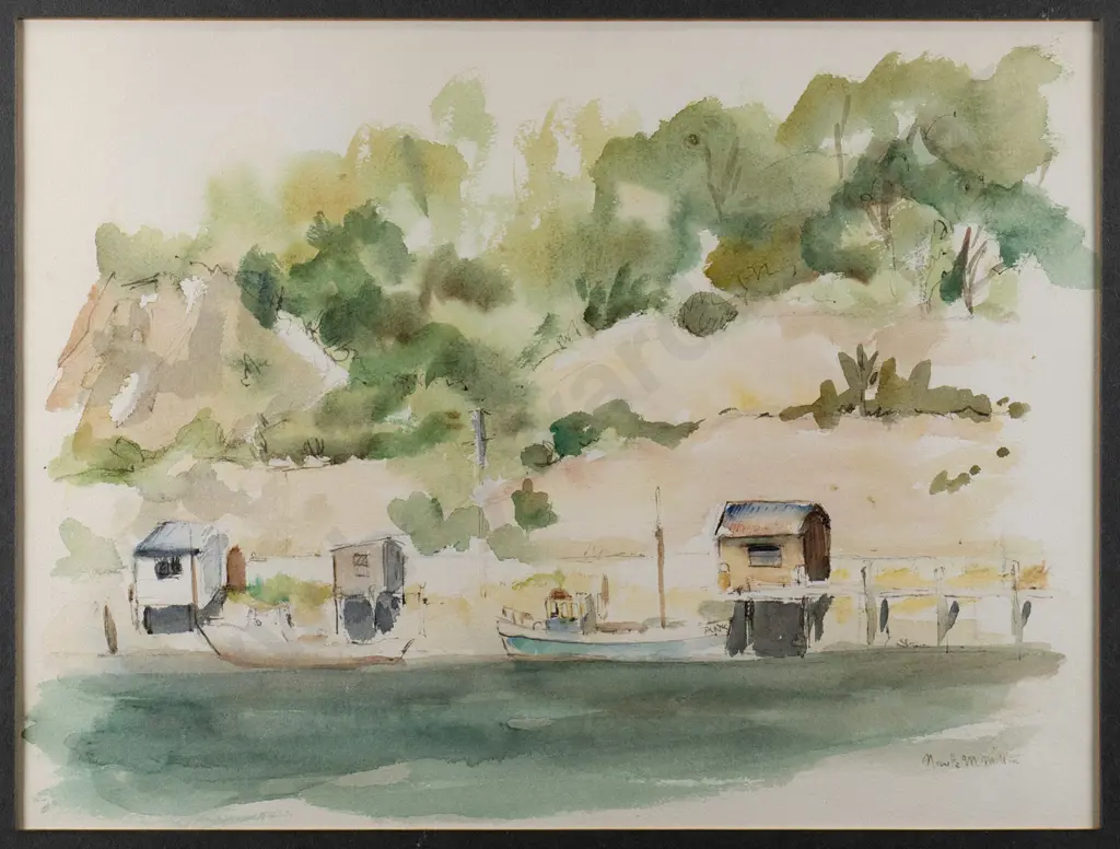 Nanette McMillan - framed watercolour - boatsheds H-260 W-350 Image 1++