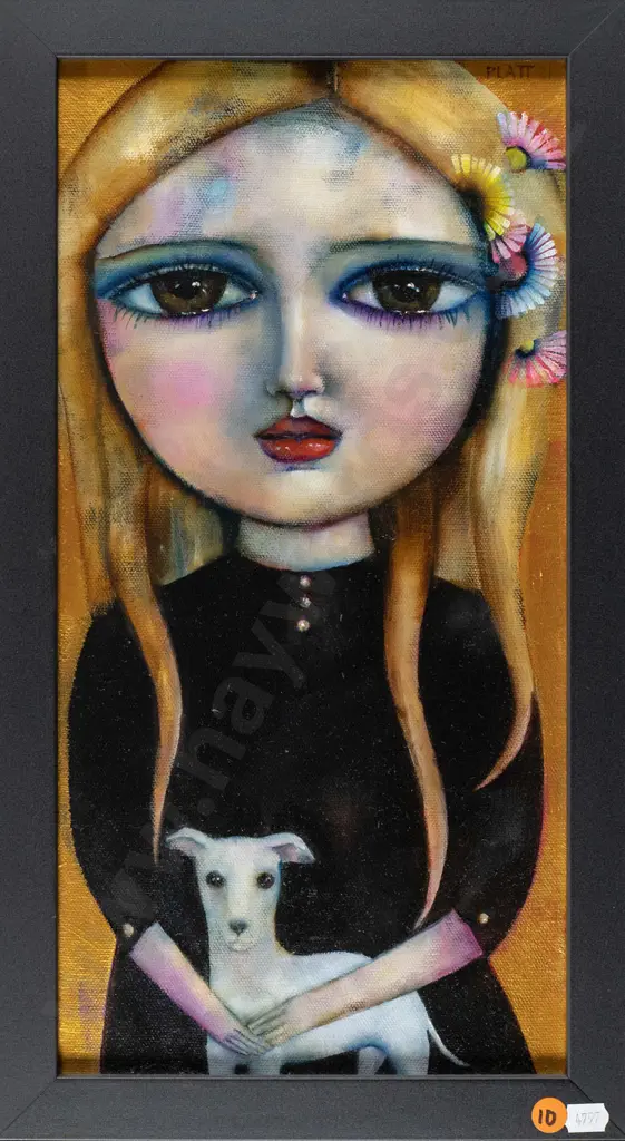 Suzy Platt '21 - framed oil - portrait of female with dog H-400 W-200 Image 1++