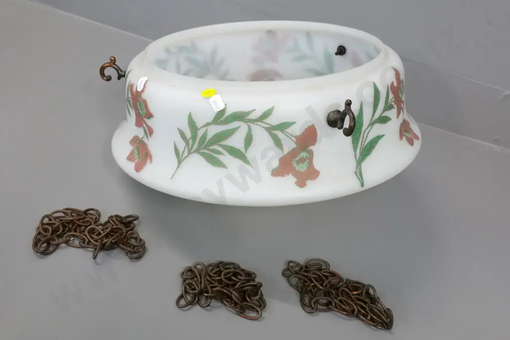 milk glass hanging ceiling light shade with nouveau style floral motif, copper hooks and chains H-160 D-350 Image 1++