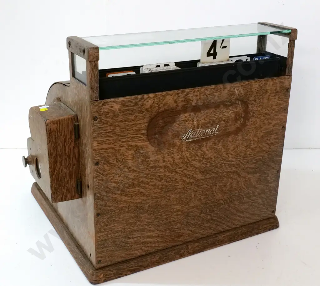 restorer's National cash register in faux-wood finish metal case, damage to marble, locked, no key H430 W450 D400 Image 1++