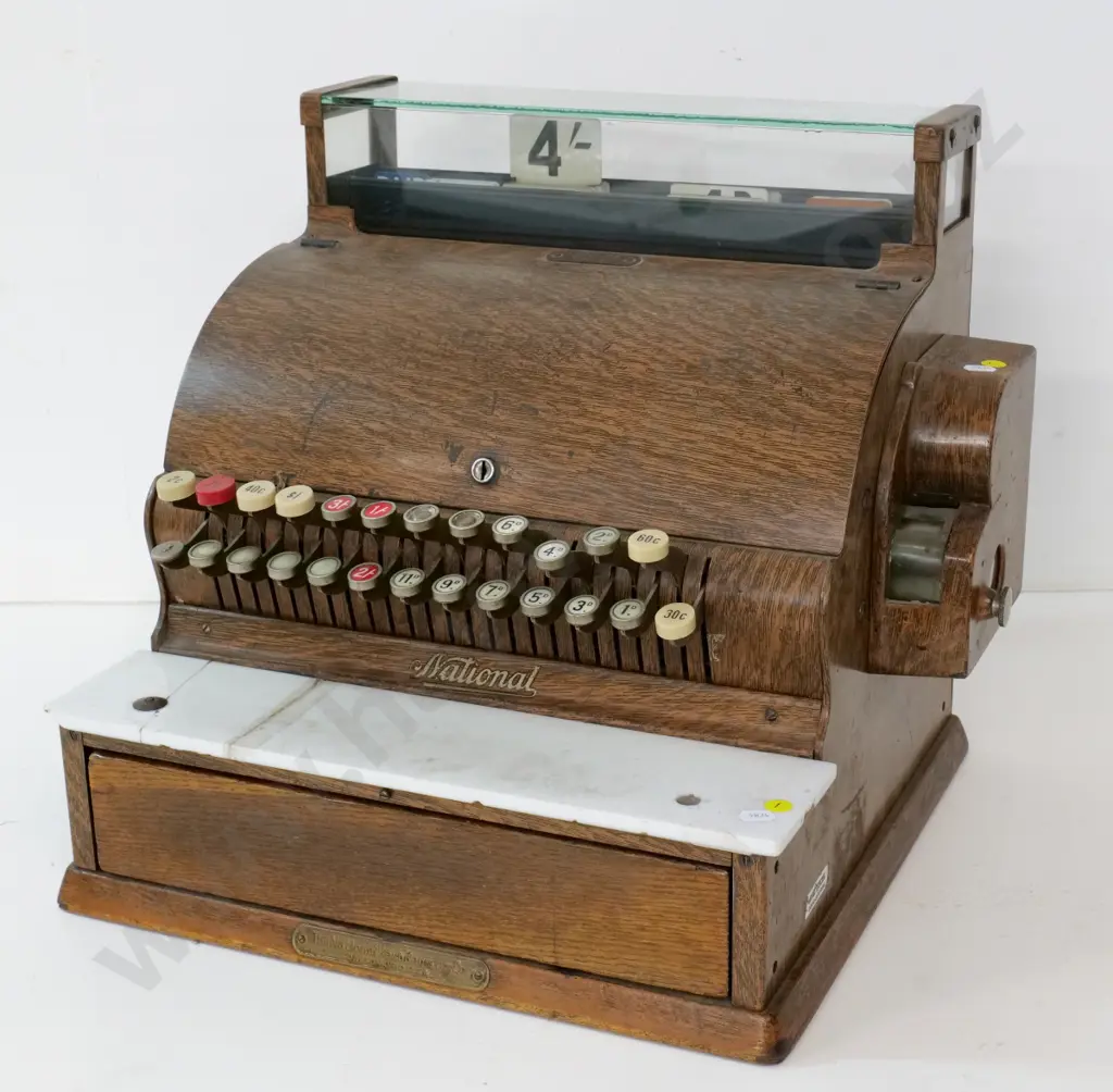 restorer's National cash register in faux-wood finish metal case, damage to marble, locked, no key H430 W450 D400 Image 1++