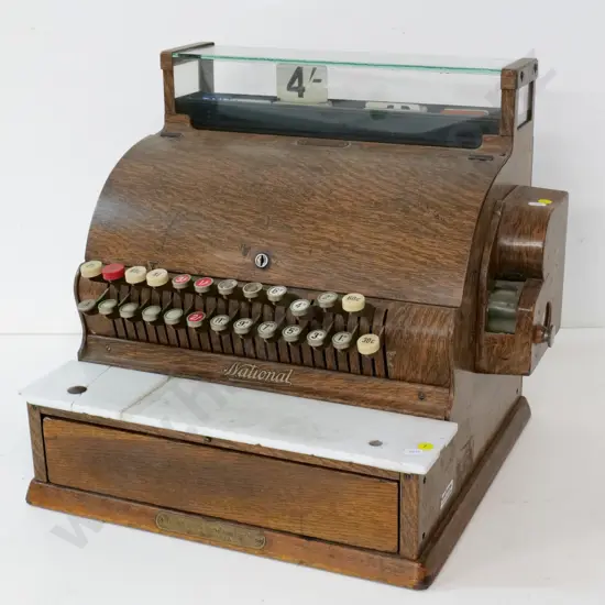 restorer's National cash register in faux-wood finish metal case, damage to marble, locked, no key H430 W450 D400