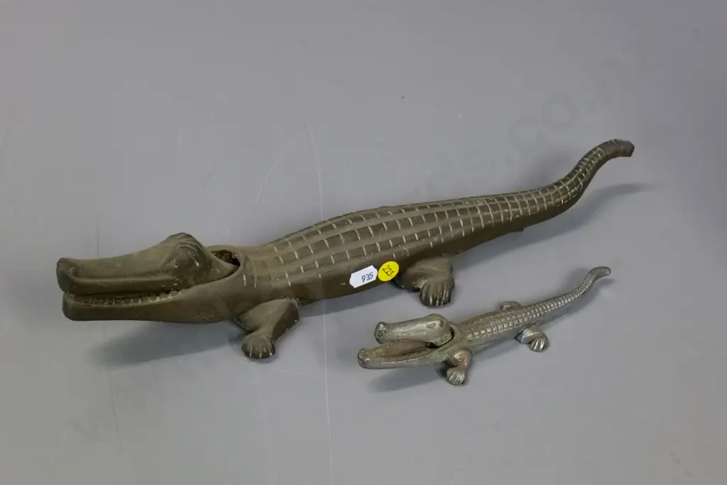 2 cast metal crocodile nutcrackers - smaller one has wear to chrome finish, larger brass one is L-380 Image 1++