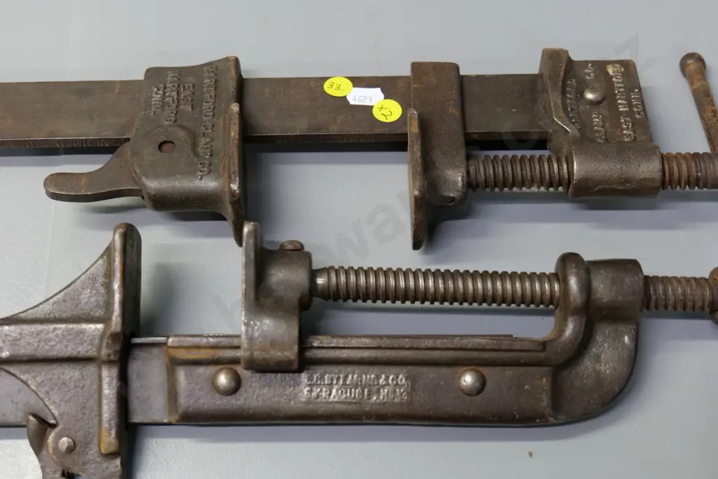 2 vintage cast iron woodworking clamps - one Hartford Clamp Co. Conn. & one is Stearns Syracuse NY L-1220 Image 1++