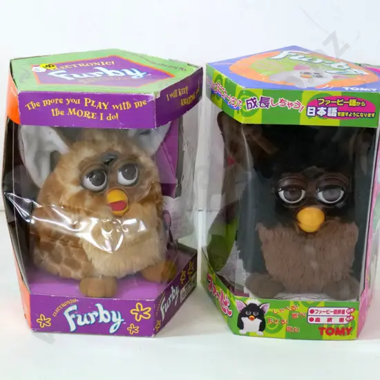 two 1998 Furby electronic toys in original boxes - one with Japanese text on box - boxes H-200