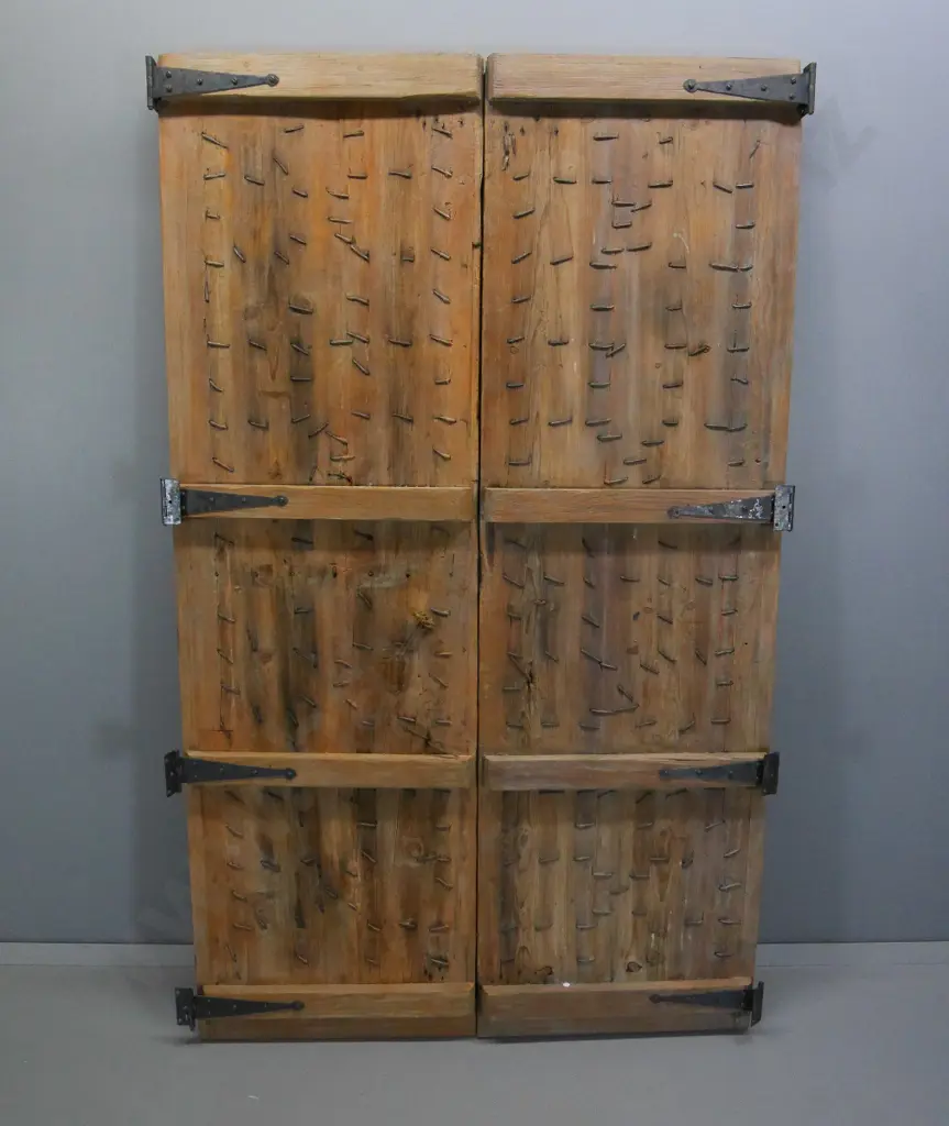 pair of studded asian style entrance doors with strap hinges and aged finish H2030 combined width 1240 Image 1++