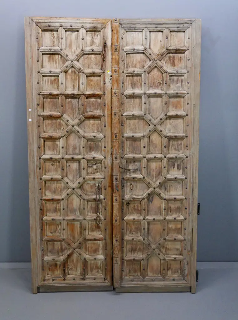 pair of studded asian style entrance doors with strap hinges and aged finish H2030 combined width 1240 Image 1++