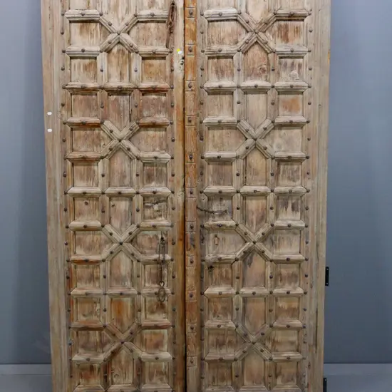 pair of studded asian style entrance doors with strap hinges and aged finish H2030 combined width 1240
