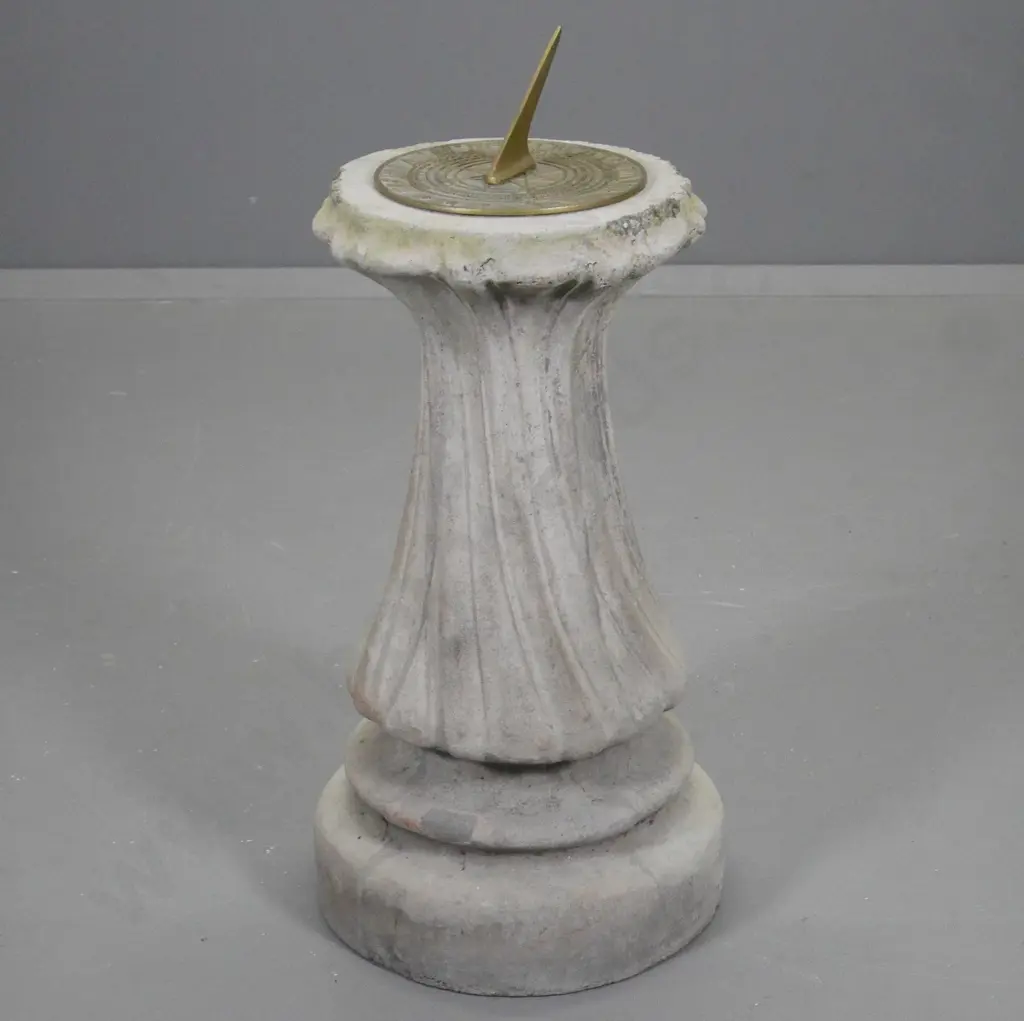 brass sundial on cast concrete column base - some chips to top rim H-750 to tip of pointer D-350 Image 1++