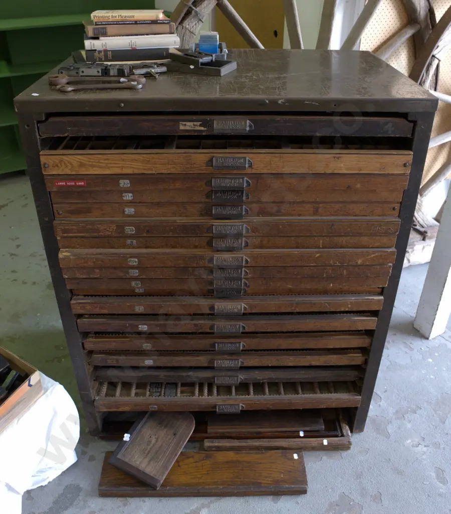 "Improved Albion Press" stamped S. Cooke Melbourne, w/metal type cabinet full of type, w/accessories H-1700 Image 1++