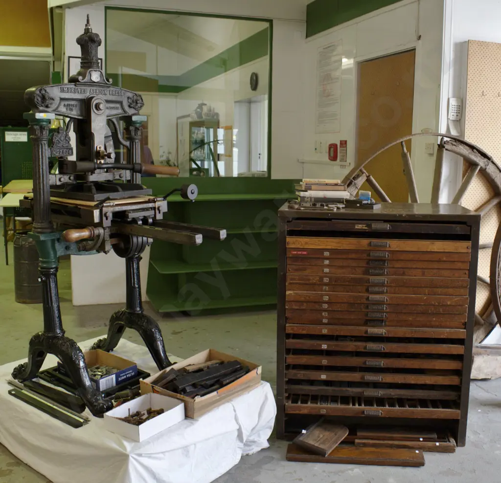 "Improved Albion Press" stamped S. Cooke Melbourne, w/metal type cabinet full of type, w/accessories H-1700 Image 1++