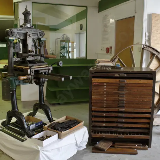 "Improved Albion Press" stamped S. Cooke Melbourne, w/metal type cabinet full of type, w/accessories H-1700