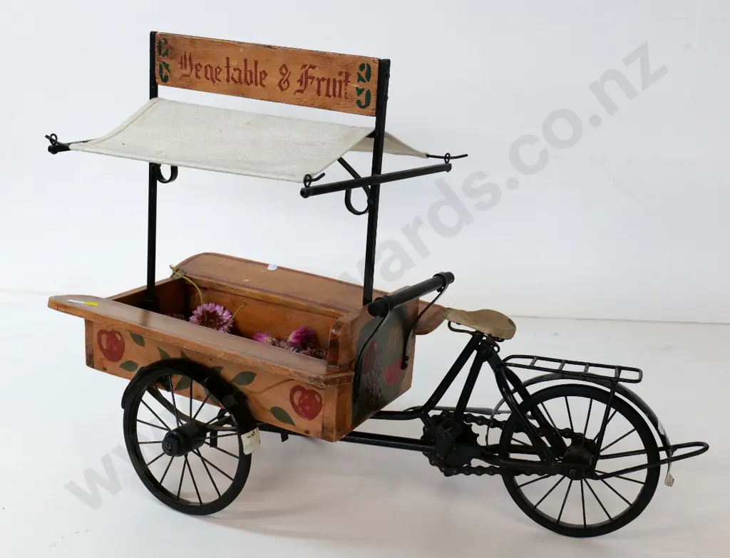 reproduction metal and timber display bicycle and trailer with fabric awning H-460 L-630 W-270 Image 1++