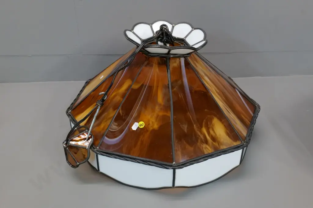 leadlight ceiling light fitting - amber mottled and milk glassH-320 Diameter 500 Image 1++