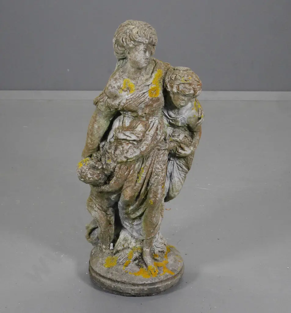 cast concrete classical style garden statue - woman and child, aged finish H-770 W-360 at base Image 1++
