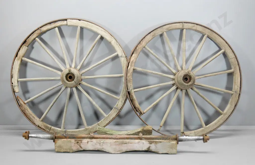 2x vintage cart wheels - Wedges Mills 1910 with original kauri beam and axles Diam-1520 Axle L-2150 Image 1++